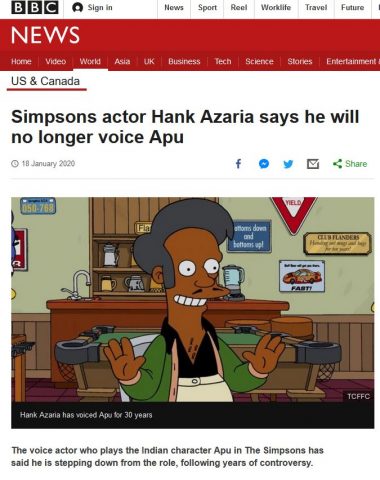 Screenshot of BBC page showing a picture of Apu