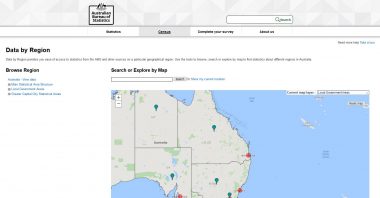 Australian Bureau of Statistics web page showing clickable map of Australia