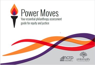 Title page of Power Moves with a lit torch and orange, red and purple waves