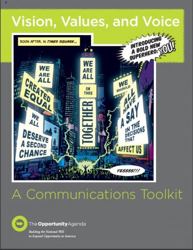 Cover of the Vision, Values and Voice report showing a cartoon of Times Square in New York with equity messages on the billboards