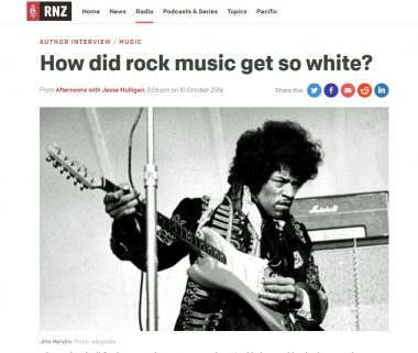 Screen shot from Radio NZ showing a black and white photo of Jimi Hendrix