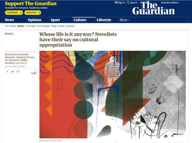 Screenshot of the Guardian article with an illustration of a writers desk and abstract shapes by Gizem Vural