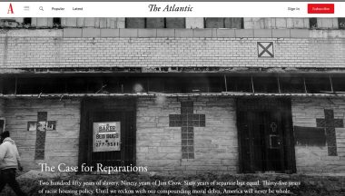 Screen shot from the Atlantic showing a black and white photograph of a damaged church