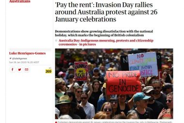 Screen shot of the Guardian webpage showing a photograph of a large crowd of Invasion Day protesters