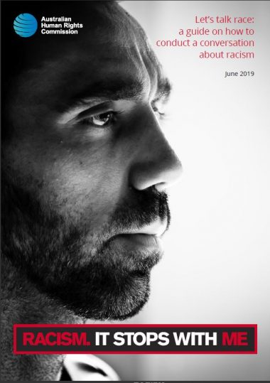 Cover of the Racism. It Stop With Me guide, showing a photograph of Adam Goodes