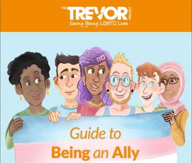 Section of the cover of the guide, showing an illustration of a group of Trans and Nonbinary teens