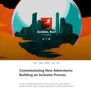 Zombies, Run! blog page screenshot showing a painting of a city and the Zombies, Run logo