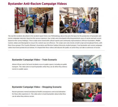 Screen shot of the Bystander Anti Racism Project website, showing thumbnails of a number of campaign videos