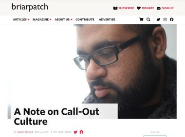 Screenshot of Briarpatch showig a photograph of a brown man in glasses and a beard