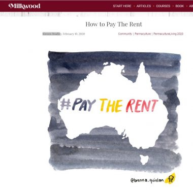 Screenshot of the site showing an illustration of a map of Australia with the words 'pay the rent'