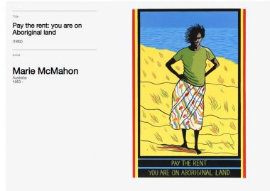 Screen shot from the Art Gallery of NSW website, showing Marie McMahon's poster 'Pay the Rent' with an illustration of an Aboriginal woman with her hands on her hips