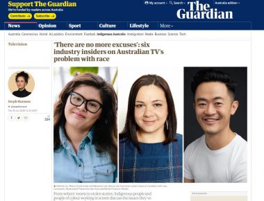 Screenshot of the Guardian article, featuring photos of Nakkiah Lui, Penny Smallcombe and Benjamin Law