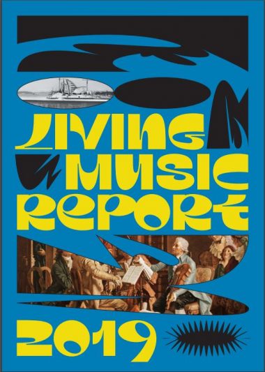 Cover of the Living Music Report showing blue background with yellow text and a historical painting of a chamber music ensemble