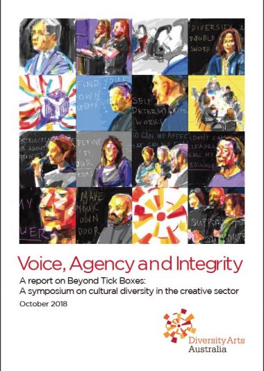 Cover of the Voice, Agency, Integrity report showing illustrations of people captured at the Beyond Tick Boxes Symposium