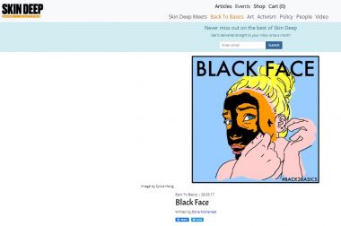 Screenshot from the Skin Deep website showing an illustration of a blonde woman peeling off a black skin from her face