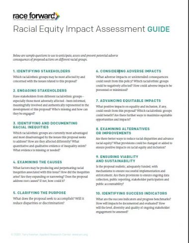 Screenshot showing 10 questions to ask for racial equity assessment