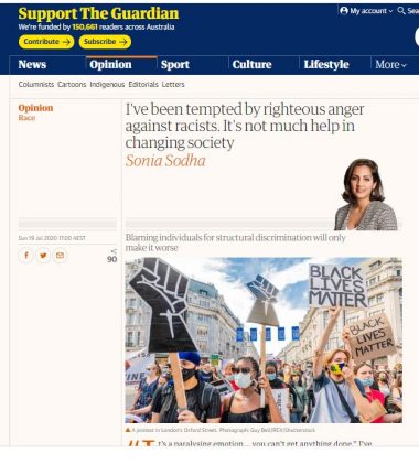 Screenshot of the Guardian article showing a photo of Sonia Sodha and a BLM rally