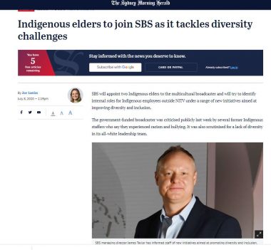 Screenshot of the Sydney Morning Herald story showing a photo of SBS Managing Director James Tyalor