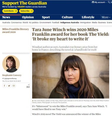 Screenshot of the Guardian article showing a photo of Tara June Winch