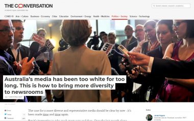 Screen shot showing a group of reporters at a doorstop interview, all of which are white