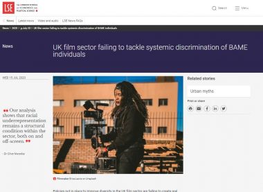 Screenshot from LSE website showing a photo of a black woman camera operator