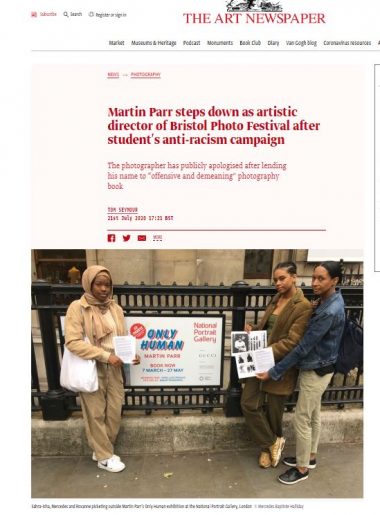 Screen shot showing a photo of protesters Sahra-Isha, Mercedes and Roxanne outside the National Portrait Gallery, London