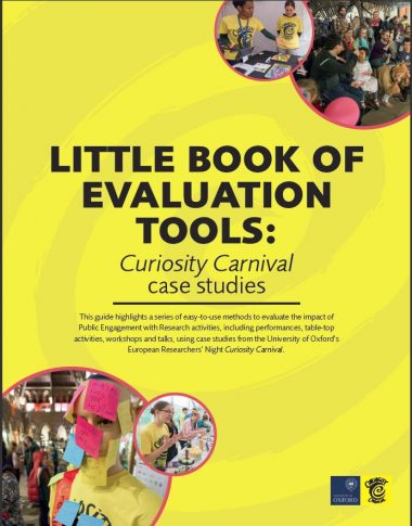 Cover of the book showing a yellow background and photos of people attending the festival, and a mannequin covered in post-it notes