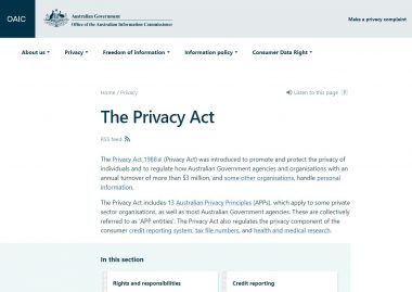 Screenshot of the Commissioner's website page on the Privacy Act with text on a white background