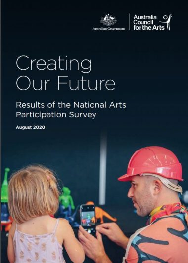 Cover of the Creating Our Future Report showing a man in a hard showing a young girl his phone screen