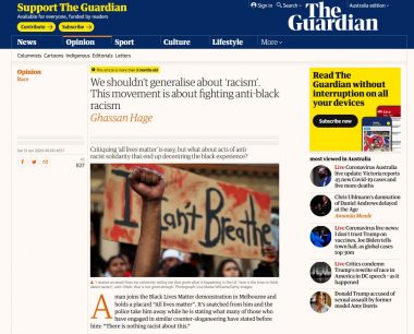 Screenshot of the Guardian article showing a photo of a BLM protest with a black fist raised