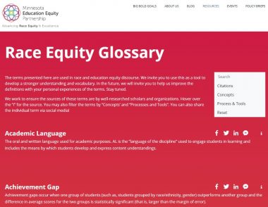 Screen shot of Race Equity Glossary with white text on a red background