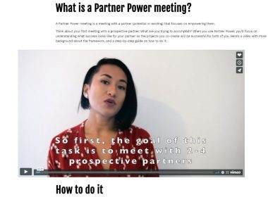 Screenshot of the website showing a woman on video explaining how to hold a Partner Power meeting