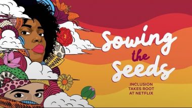 illustration with swirls and clouds and flower and the faces of non-white people. It contains the title of the report: Sowing the seeds: inclusion takes root at Netflix