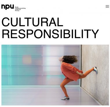 screenshot from the cultural responsibility website, features a woman in orange doing a dance movement in a gallery-esque setting