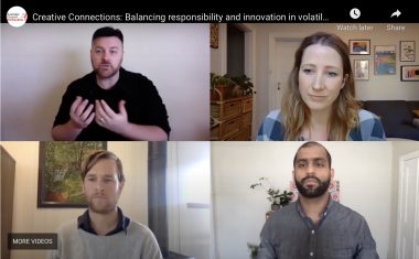 Screenshot of the video with from top, top right, bottom left, bottom right the video Auslan interpreter, Frances Robinson from the Australia council, Tom Henderson and Ananth Gopal from Polykala as they are engaged in conversation over Zoom