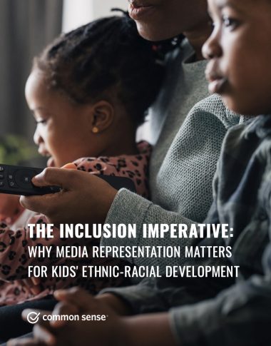 Screenshot of the title page of the report, has an adult and children close to mid shot of them holding a remote, they all look cosy and expectant, possibly about to watch something on a screen. The words 'The Inclusion Imperative: Why Media Representation Matters For Kids' Ethnic-Racial Development' is on the image.