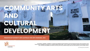 Community Arts and Cultural Development title page, behind the text are tshirts with Mt. Druitt revolution funpark printed on them, a sustained arts engagement project presented in Mt Druitt