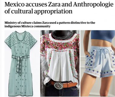 a screen shot of the article stating that Zara, Patowl and Anthropologie are accused of using patterns distinctive to indigenous Mexican communities - the screenshot shows the clothing in question and examples like a mint-coloured midi dress with green embroidery and sky blue, raw-hemmed shorts, decorated with violet and mint embroidery