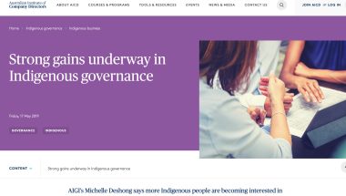 Screenshot of the website and resource, looks like a news item with the title 'strong gains underway in Indigenous governance'