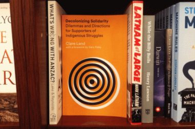 a photo of a bookshelf with books, and it has Clare Land's book that is titled 'Decolonizing Solidarity: Dilemmas and Directions for Supporters of Indigenous Struggles'