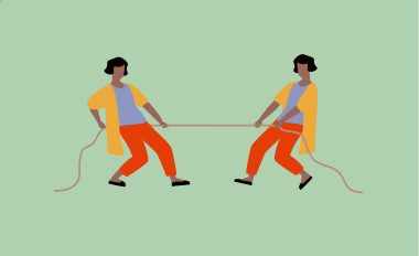 Illustration with two identical figures with brown skin and shoulder length black hair wearing a long flowy yellow elbow length jacket pulling a rope. The picture is somewhat abstracted and simple and boldly, solidly coloured. Facial features were not drawn in.