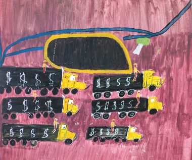 A painting of trucks with dollar signs on them