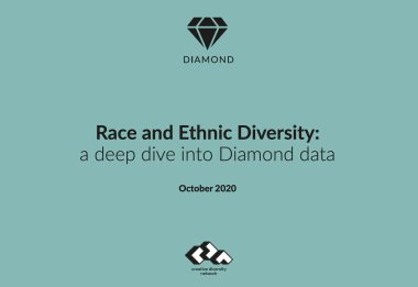 Screenshot of the report title, featuring the Diamon logo, the words Race and Ethnic Diversity: a deep dive into Diamond data and a creative diversity network logo at the bottom