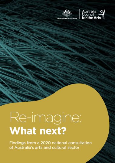 Image of the cover of the Re-Imagine report, has the look of grass in the background and the colours are mustard and blue