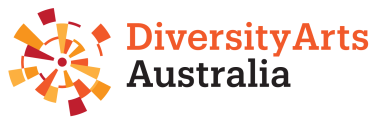 Diversity Arts Australia logo, featuring a red yellow and orange stylised bullseye