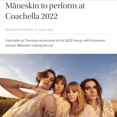 A screenshot of example of an ethnic media outlet’s coverage – Italian publication Il Globo on Eurovision winners Måneskin at Coachella 2022