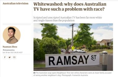 Screenshot of Guardian article featuring a close-up of the Ramsay St street sign