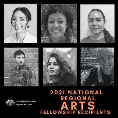 Headshots of six Fellows in a promo graphic for the National Regional Arts Fellowship porgram