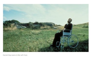 Image of Daniel Day-Lewis in a field in a wheelchair in his role in My Left Foot