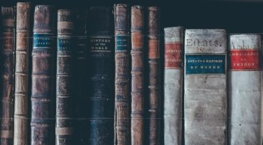 Old history bookspines lined up on a shefl